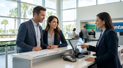 Traveler receiving keys from an agent at an Orlando car rental counter with luggage nearby