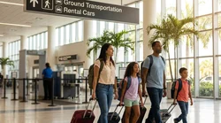 People pulling luggage through a bright Miami Airport terminal towards the car rental counters