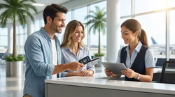 A person handing a driver's license to an agent at a car rental desk in Miami