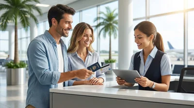 A person handing a driver's license to an agent at a car rental desk in Miami