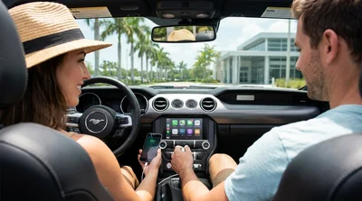 Hand plugging a USB cable into a dashboard displaying Apple CarPlay inside an Orlando car rental