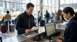 Person handing paperwork to an agent at a car rental desk in New York