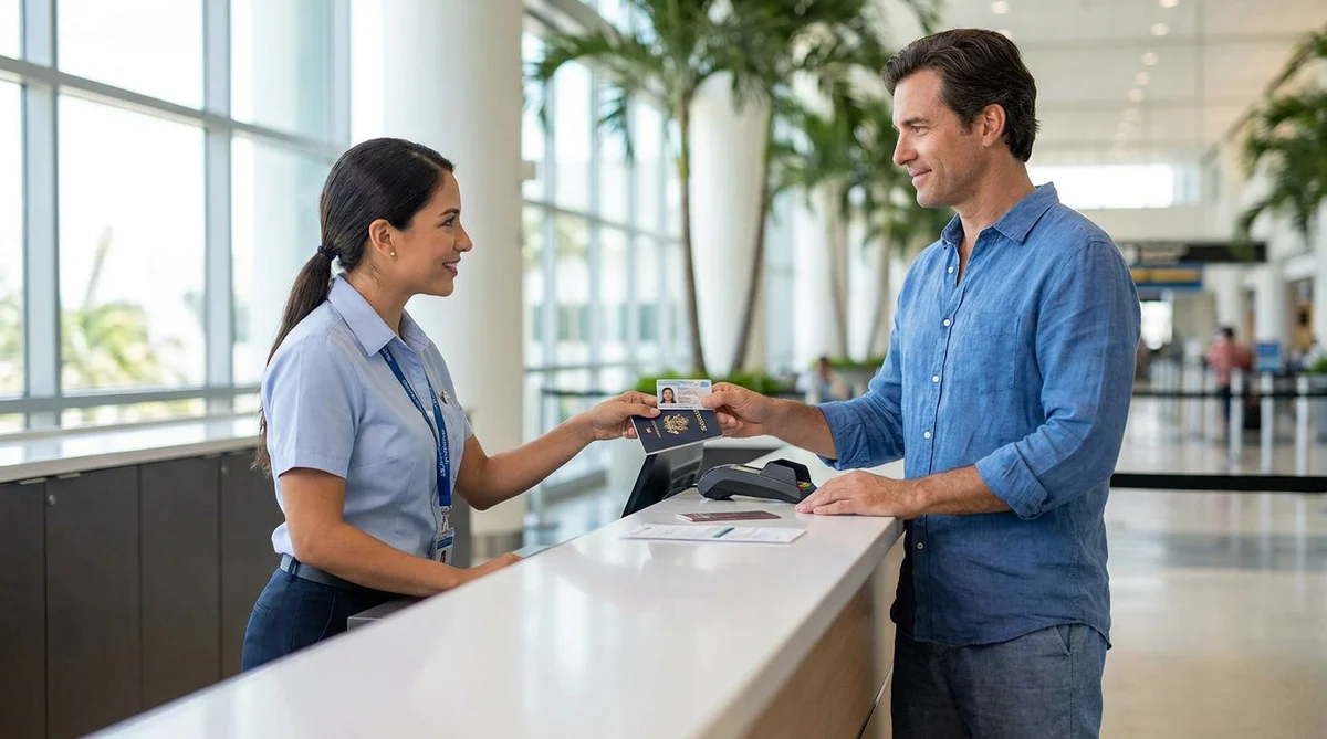 Customer showing a photo ID to an agent at a car rental desk in Miami