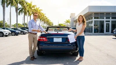Customer comparing paperwork to the license plate of a white car rental at a pickup lot in Miami