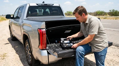 Open trunk revealing a spare tire and inflator kit in a car hire parked along a dusty Texas highway