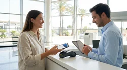 Person holding a smartphone showing a digital wallet next to a white car hire parked on a sunny street in Miami