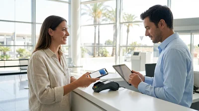 Person holding a smartphone showing a digital wallet next to a white car hire parked on a sunny street in Miami