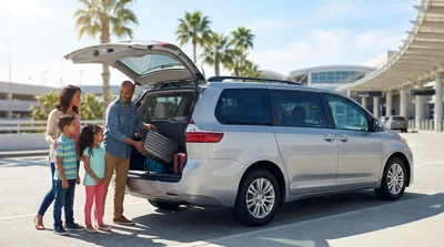 Family loading suitcases into a spacious 7-seater car rental outside the Orlando airport terminal