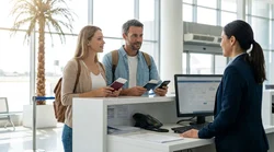 Traveler showing flight documents to a car rental agent at a desk inside a sunny Florida airport