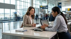 Customer handing a credit card to an agent at a car rental desk in New York