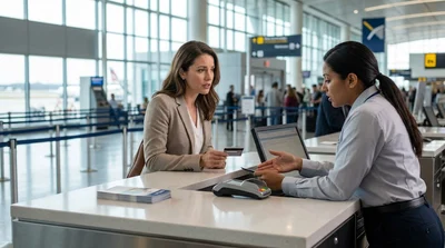 Customer handing a credit card to an agent at a car rental desk in New York