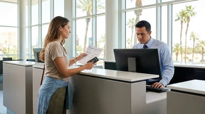 Customer handing travel documents to an agent at a Las Vegas car rental counter
