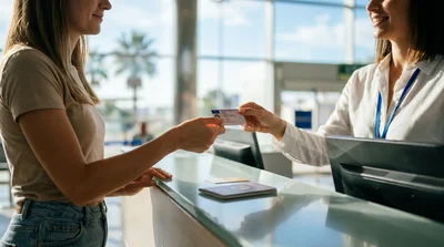 Customer handing a physical driving licence to a car rental agent at a desk in Miami