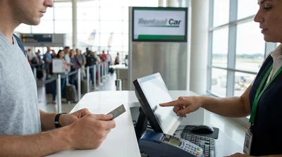 Close-up of a customer handing a credit card to an agent at a car hire desk in New York