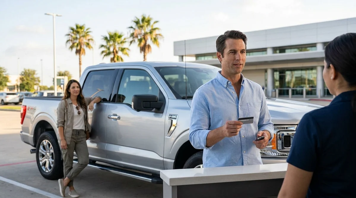 Business professional handing a credit card to an agent at a Texas car hire counter