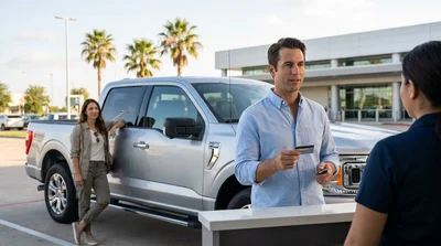 Business professional handing a credit card to an agent at a Texas car hire counter