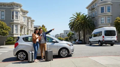 Travelers boarding a car hire shuttle bus at a San Francisco airport pick-up zone