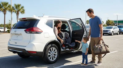 Child safety seat installed in the back of a car rental parked under sunny palm trees in Orlando