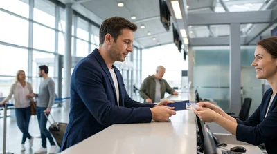 A customer presenting travel documents to an agent at a New York car rental desk