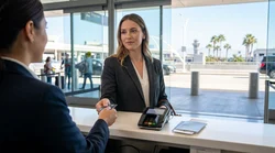 Traveler handing a credit card to an agent at a Los Angeles airport car rental desk