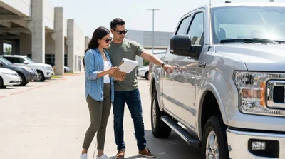 Driver inspecting the exterior of a silver car rental parked on a sunny Texas road