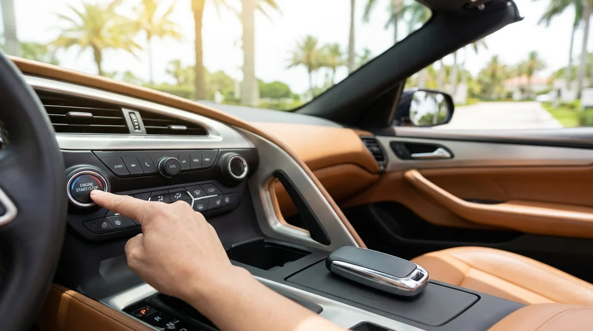 Close-up of a hand pressing a push-button start on the dashboard of a car rental in Florida