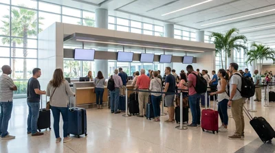 Travelers with luggage waiting in a long line at a car rental desk inside the Orlando airport