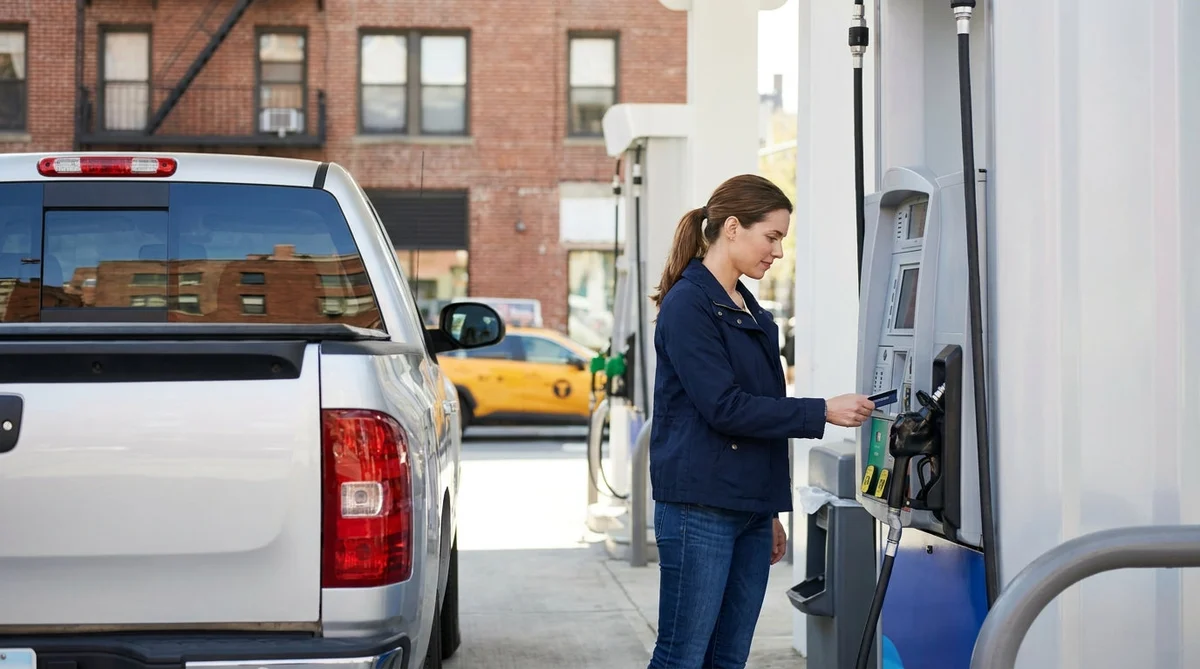 Close up of a person pumping gas into a car rental at a fuel station in New York