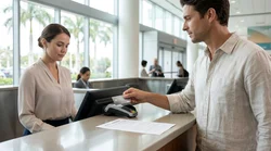 Close-up of a person handing a credit card to a clerk at a car rental desk in Florida