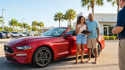 Person handing a credit card to an agent at a car hire desk in Florida