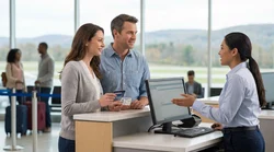 Two people signing paperwork at a car hire counter inside a Pennsylvania airport