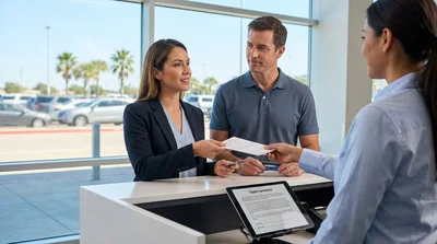 Customer showing insurance documents to an agent at a Texas car hire counter