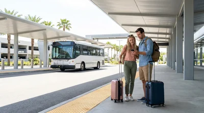 Couple loading luggage into a white car rental in a sunny Orlando parking lot