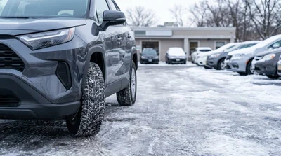 Car hire equipped with winter tires driving down a snowy street in New York