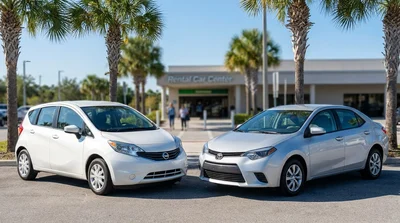 Silver economy and white compact cars parked near palm trees on a sunny Florida street during a car hire trip