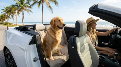 A dog looking out the passenger window of a car rental parked near a sunny beach in Florida