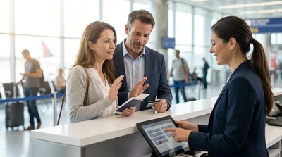 Customer signing paperwork at a modern car hire counter in the United States
