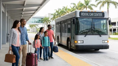 Travelers with luggage walking towards the car hire facility at Fort Lauderdale airport in Florida
