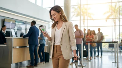 Woman using a smartphone beside a white vehicle in a sunny Miami car rental parking lot