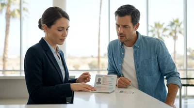 Passport and driving licence on a counter at a car rental office in California
