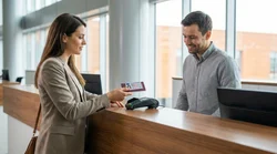 Person handing a photo ID to an agent at a car rental counter in Texas