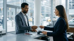 Customer handing a credit card to an agent at a car rental counter in New York
