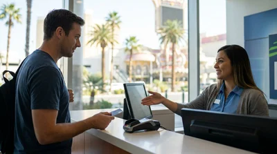 Close-up of a person paying with a credit card at a car rental desk in Las Vegas