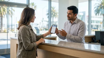 Person holding a smartphone with a digital voucher at a car rental counter in San Francisco