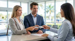 Close up of a customer handing a credit card to an agent at a Florida car hire counter