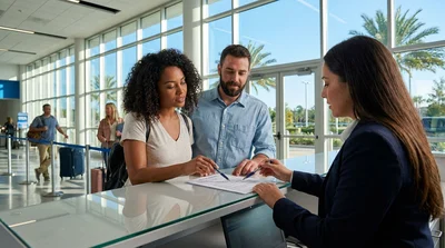 Customer reviewing a receipt at a car hire desk inside the Orlando airport terminal