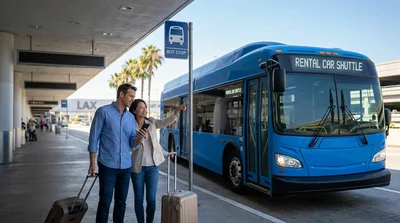 Passengers waiting at a car rental shuttle stop outside an LAX airport terminal in Los Angeles
