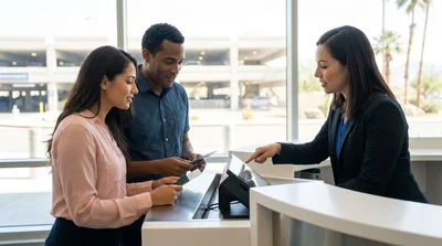 Customer receiving keys at a car hire counter inside LAS Airport in Las Vegas