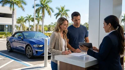 Close-up of hands signing a car hire agreement on a desk in sunny Florida