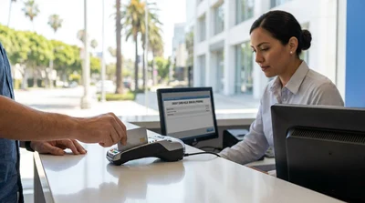 Person handing a credit card to an agent at a car hire desk in Los Angeles